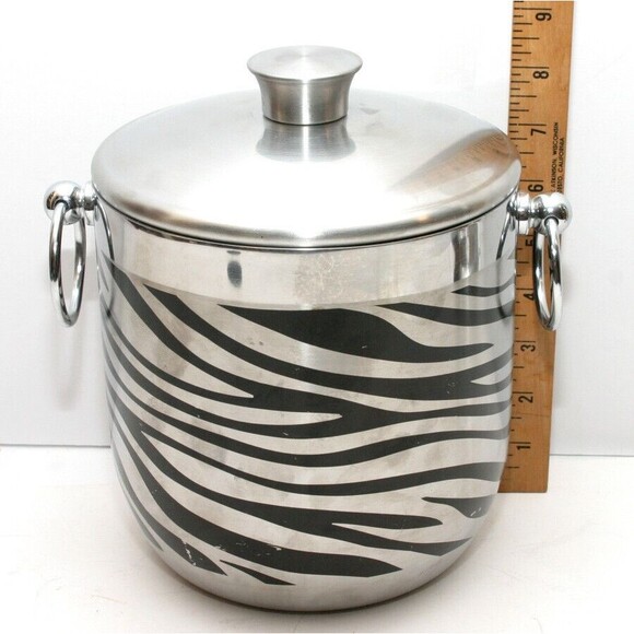 Oggi 18/0 Ice Bucket With Lid Nice Pre Owned Zebra Type Stripes Double Handles - Picture 1 of 7